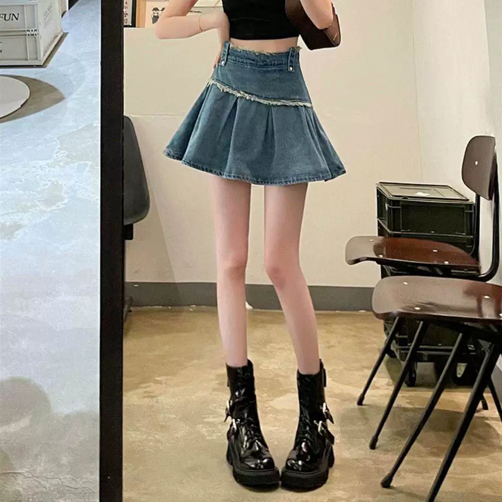 Zara Retro Pleated Denim Skirt High Waist Hip Cover Anti Exposure Shorts